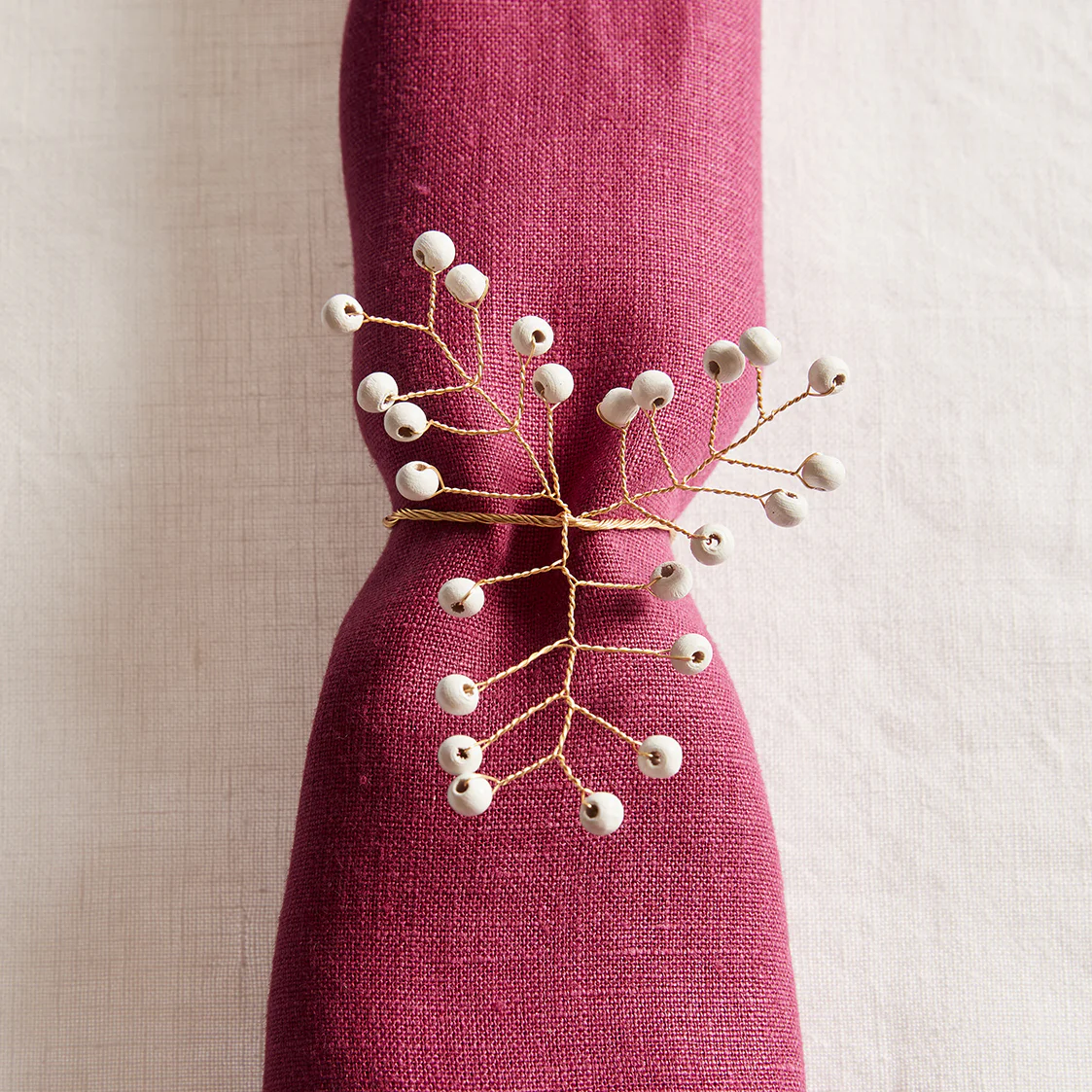 Hand-beaded White Sprig Napkin Ring – Set of Four